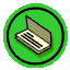 Green circular icon with black border showing a beige keyboard and monitor; right version adds a blue pen crossing the keyboard.