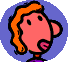 A cartoon character with pink skin and orange hair in a blue circular frame, shown from multiple angles including front, side, and back views.