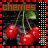 Animated cherry cluster with changing text color and one frame showing a single cherry, all on dark background.