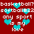 Red background with repeated white text and cyan hearts, displaying sports-related phrases in a pixelated style.