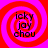 Four identical spiral patterns with red and pink concentric circles, each containing the text 'icky joy chou' in black pixelated font.