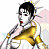 Pixelated character with black hair and white face paint holds a golden object against a light background.