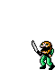 Pixelated character in green pants and brown top holding a silver knife, with showing the knife's position changing against gray background