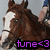 Brown horse with white blaze on face, rider in blue shirt visible behind; purple text 'tune<3' overlaid.