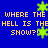 Blue background with yellow pixelated text repeating 'WHERE THE HELL IS THE SNOW?!' and green star-shaped pixels scattered across the image.