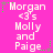 Pixelated text on bright pink background with green and gray star accents, showing 'Morgan <3s Molly and Paige' repeated in a pattern