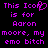 Pixelated purple text on black background reads 'This Icon This Icon is for is for Aaron Aaron moore, my moore, my emo bitch emo bitch' with a heart symbol replacing the 'o' in 'Icon' on left side.