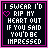 A 4-frame animated contact sheet of pixel art buddy icons with text about ripping out a heart if impressed, each frame showing different color variations in the text and border.