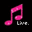 Three pink musical notes on black background with text labels Live. Love. Music.