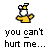 Pixelated character in yellow shirt and cheese helmet with text 'you can't hurt me...' on left, same character with changed text 'i'm wearing my cheese helmet!' on right.