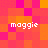 Pixelated of pink and orange squares with four instances of the text 'maggie' in white lowercase letters