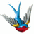 A pixelated bird with blue wings, gray feathers, yellow accents, and a red body flies against a white background next to green text on dark green.