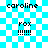 Pixelated text labels 'caroline' and 'rox' appear over a cyan and white checkered background with animated light effects.