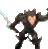 Pixelated figure in dark armor with light chest plate, holding glowing sword and raised hand against gray background.