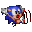 Pixelated blue hedgehog character in multiple poses with red shoes, white gloves, and a gray tail tip against light gray background.