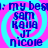 Pixelated blue text on a cyan background with pink spiral patterns, displaying names in a