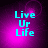 Pixelated cyan text "Live Ur Life" on a purple gradient background with subtle circular light effects.