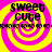 Four identical display a bright pink and yellow spiral background with black text reading "sweet cute" in two lines, each containing the same static image