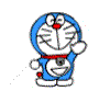Doraemon character with blue body, red collar, and white face winking while raising right hand against white background.