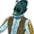 Pixelated static image of a humanoid alien character with teal skin, wearing a light blue shirt and brown vest against a gray background.