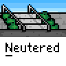 Animated contact sheet of a pixel art character performing various actions on bleachers with green bushes and blue sky background, labeled "Neutered" in each frame.
