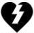 Black broken heart icon with white lightning bolt through center on transparent background.