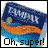 A four- shows a Tampax package with 'Oh, super!' text below; the top-left has visible pixelation while others are clearer