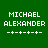 Green background displays four identical pixelated text blocks with 'MICHAEL ALEXANDER' and a pattern of plus and minus signs, each block with a different green highlight on the name.