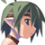 Pixelated anime-style character with green hair and blue eyes in a close-up profile view, wearing purple wristbands and dark shoulder straps.