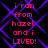 Static image with pink text on black background overlaid by purple pattern