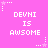 Pixelated pink background with repeated white text 'DEVNI IS AWSOME' and small white star icons with dotted lines.