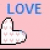 A pixelated heart-shaped icon with small hearts inside, set against a pink background with the word LOVE in blue letters above it.