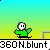 Pixelated green character with white face and black limbs performs sequential actions across three on gradient background