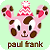 Pixelated pink cartoon animal head with brown spots, red checkered hat, and text "paul fank" on light green background.