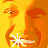 Pixelated static image of a fiery orange-yellow figure with glowing eyes and a white starburst effect at the bottom, set against a solid yellow background.