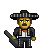 Pixel art of a character with yellow skin wearing a wide-brimmed striped hat, dark jacket over white shirt and red bow tie, holding a guitar-like instrument.