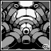 Pixelated grayscale image of a robotic or armored figure with symmetrical design, large eyes, and central circular component resembling a mouth or sensor.