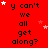 Red background with repeated text 'y can't we all get along?' in black pixelated font, scattered white and pink stars.