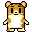 Pixel art hamster with brown fur, white chest, pink cheeks, and black eyes stands against gray background; right pose shows hands clasped in front.