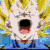 Pixelated character with spiky yellow hair and blue clothing, mouth open in a shout