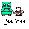 Animated contact sheet showing 11 frames of a cartoon buddy icon featuring a teal robot and white stick figure with red bow tie, each frame labeled "Pee Wee" below.