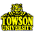 Static pixel art icon featuring bold yellow text 'TOWSON' above 'UNIVERSITY' with a pixelated tiger head above the text on a white background.
