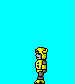 Yellow robot character with blue chest symbol walks left to right across bright cyan background, then transforms into yellow car with white exhaust, then reverts to robot.