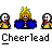 Animated cheerleading icon contact sheet showing 9 frames of a pixelated character with blonde hair, blue pom-poms, and yellow/blue uniform performing various poses against gray background.