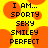 Yellow background with orange circular shapes and black pixelated text reading "I AM... SPORTY SEXY SMILEY PERFECT" in two identical vertical
