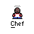 Pixel art chef character with white hat and red/white/blue outfit in six animated frames showing speech bubble text changes.