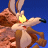 Pixelated cartoon character with brown fur, long ears, and a yellow nose holding a black object against a blue background.