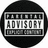 Black-and-white pixelated image with a circular 'Parental Advisory' label and text reading 'this content contains mild, ausome, paintball shit' in pixel font.