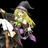 Pixelated static image of a character with long yellow hair, purple accents on clothing and hat, holding a glowing white object against black background.