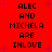 Red background with purple starbursts and repeated pixelated text reading "ALEC AND MICHELA ARE INLOVE" in black block letters.